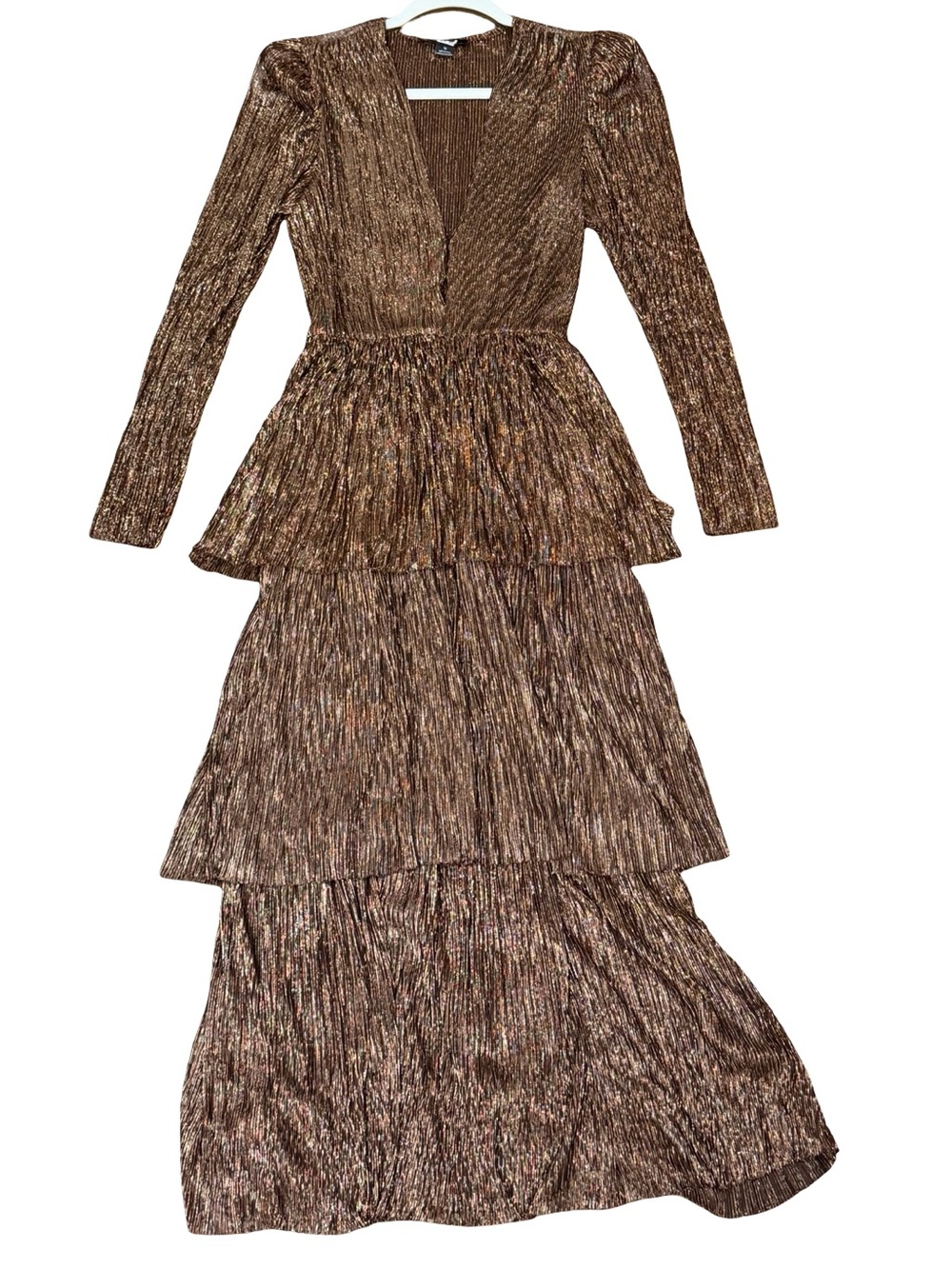 โจ Sabina Musayev Carry Metallic Pleated Tiered Maxi Dress Bronze Size Medium - Picture 3 of 16